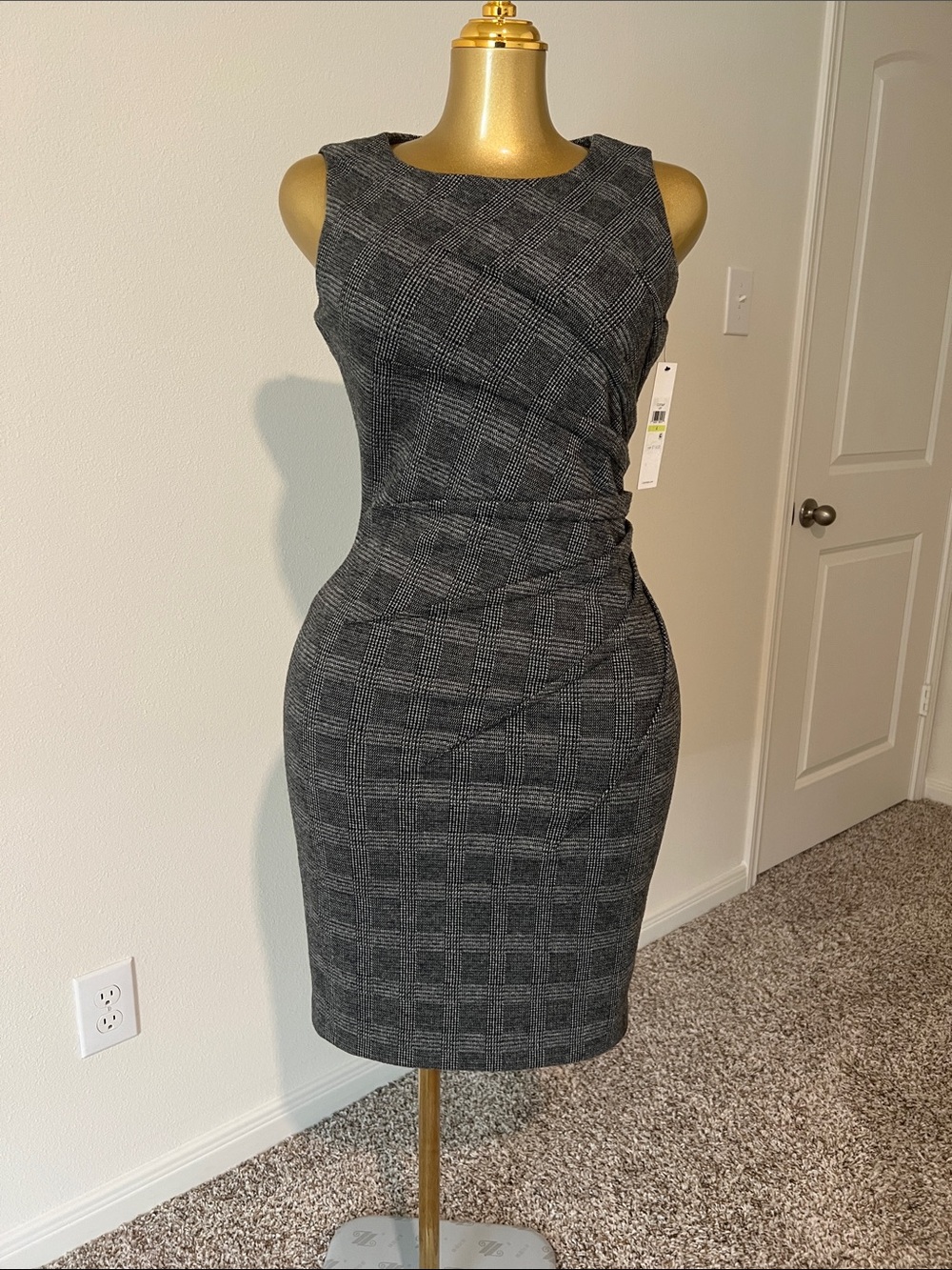 Calvin Klein Grey Plaid Sheath Midi Dress